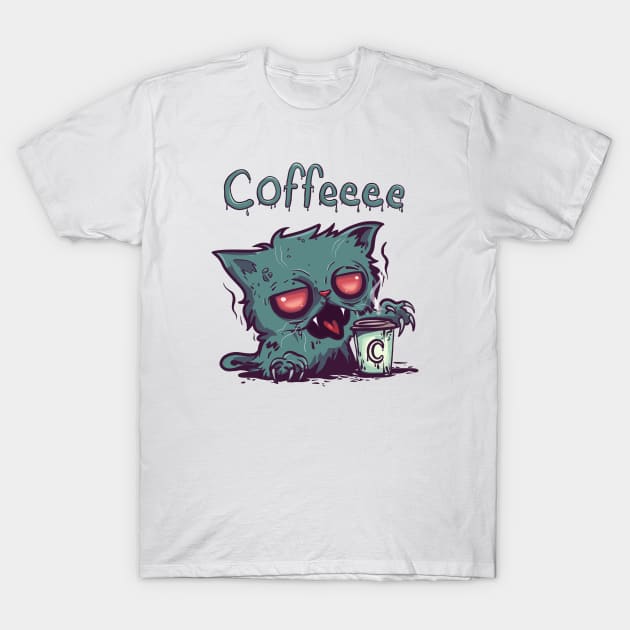 Coffeee Zombie Cat (text) T-Shirt by KilkennyCat Art